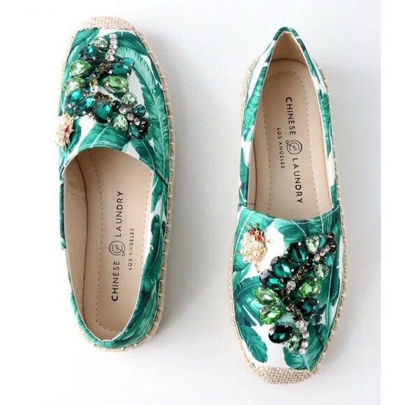 CHINESE Laundry Hayden Green Tropical Print Beaded Bug Espadrilles Shoes 9/40 - Picture 3 of 10